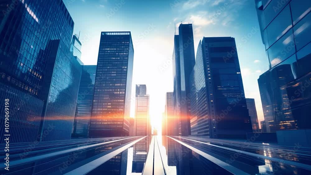 Modern business skyscrapers at glowing sunrise, financial district background, graphic perspective Modern business skyscrapers at glowing sunrise, financial district background, graphic perspective