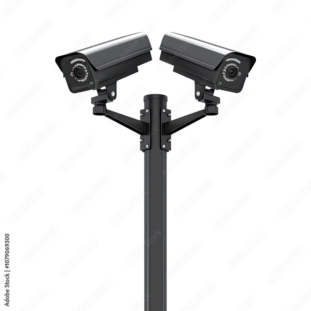 Twin security cameras mounted on a pole for surveillance purposes. Cut out or PNG. Twin security cameras mounted on a pole for surveillance purposes. Cut out or PNG.
