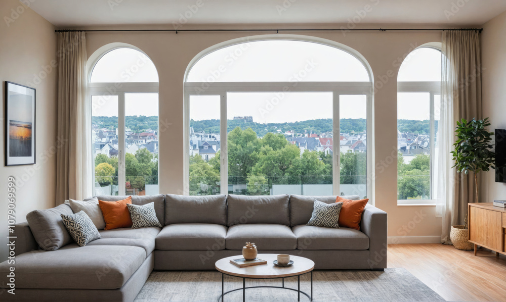 Obraz premium A modern living room features a large sectional sofa and a coffee table in front of three arched windows offering a view of the city