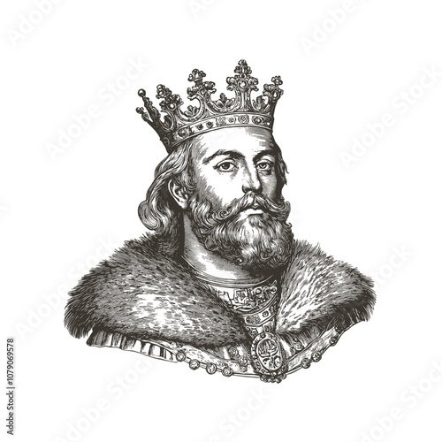 Portrait of a king engraving vector illustration vintage style, portrait of a king in a crown sketch engraving vector illustration, medieval king monarch with crown