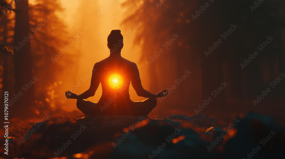 A person meditating with a bright sphere of energy in their chest, radiating warmth and peace into their surroundings A person meditating with a bright sphere of energy in their chest, radiating warmth and peace into their surroundings