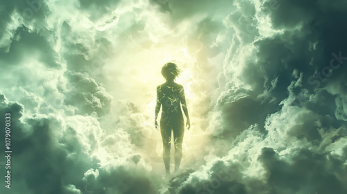 Wallpaper Mural An ethereal silhouette of a person surrounded by soft, glowing energy, merging with the sky and clouds above Torontodigital.ca