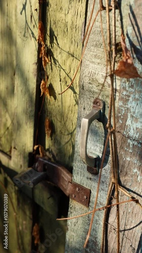 A Rustic Door featuring a Worn Lock, Surrounded by Lush Vines and Natures Touch Influences