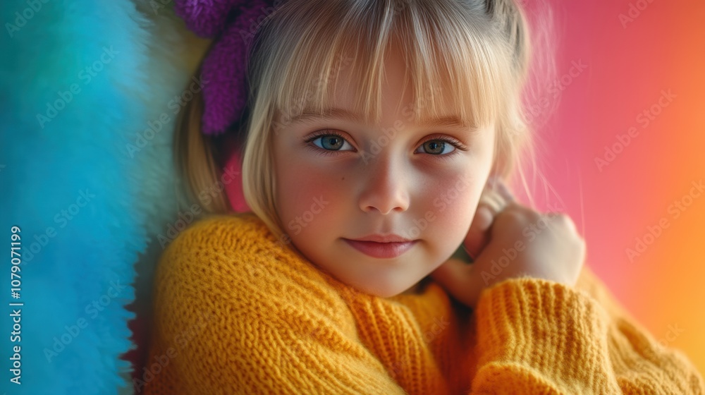 Charming portrait of a blonde girl in a colorful sweater with copy space Charming portrait of a blonde girl in a colorful sweater with copy space