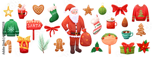 Christmas  set with Santa character, cozy sweater and hot drink. Vector holiday illustration