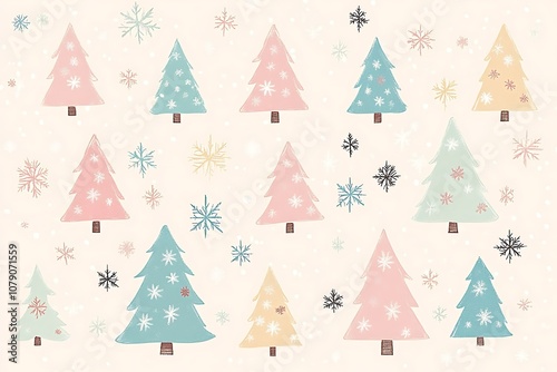 Seamless pattern of colorful Christmas trees and snowflakes in festive winter scene