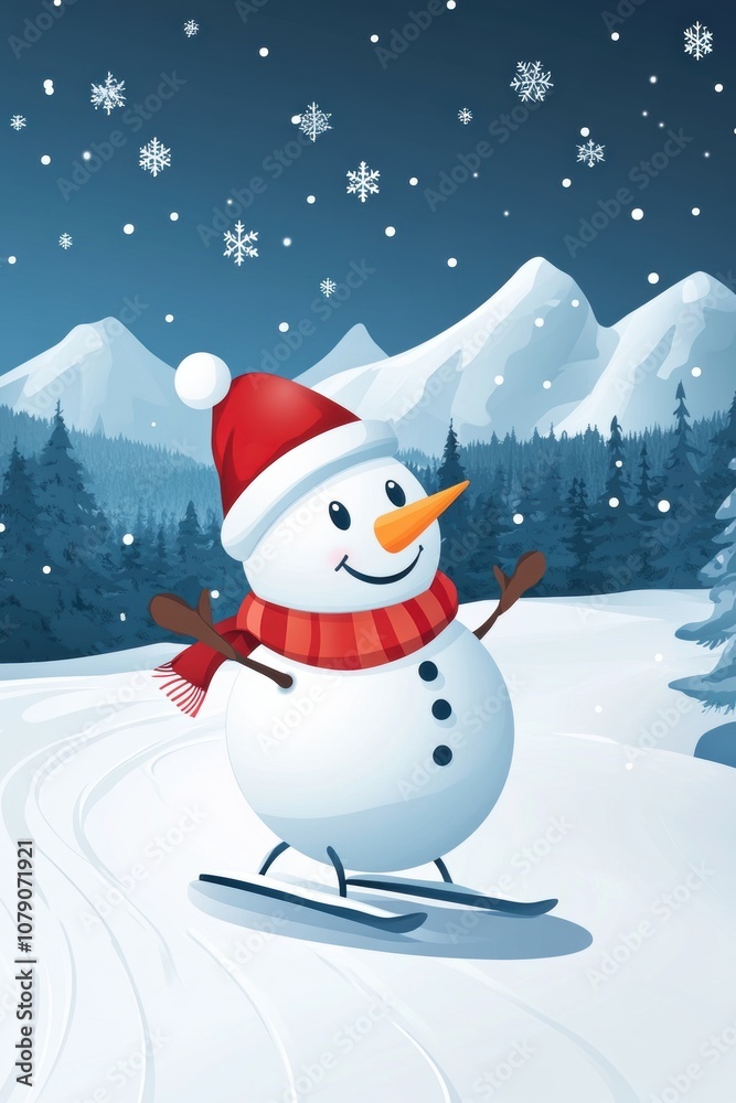 Fototapeta premium Cute snowman ski in snow field in mountain.