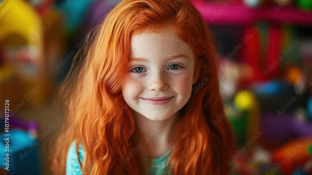 Shy smile of a red-haired girl with freckles in a colorful background Shy smile of a red-haired girl with freckles in a colorful background