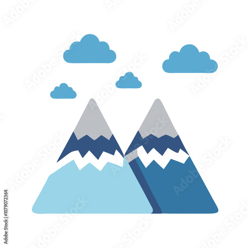 Icon of winter mountains in blue, representing snowy outdoor landscapes.