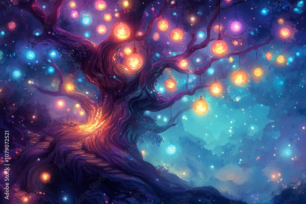 Enchanted Tree with Colorful Lanterns