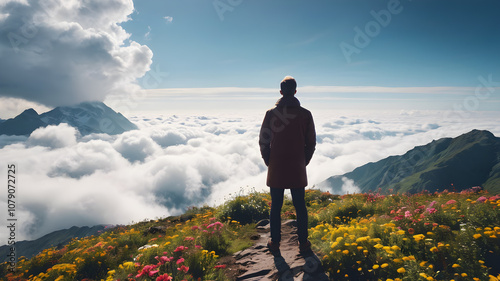  A metaphorical image of a contemplating lonely man in peaceful floral mountain top.Young man thinking about things in life. AI generated image