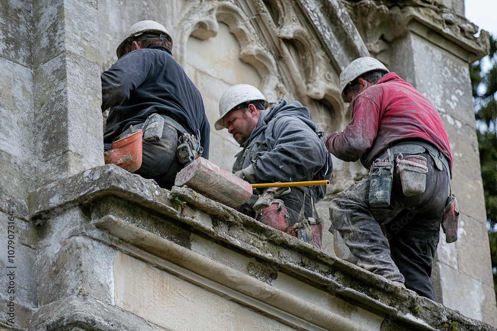 A team of volunteers restoring a historic building or monument A team of volunteers restoring a historic building or monument