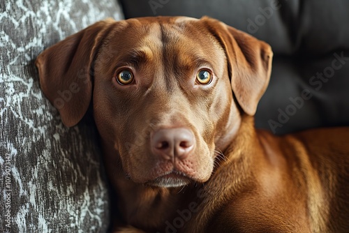 Chocolate Labrador Retriever Pup Looking Up Trustingly photo