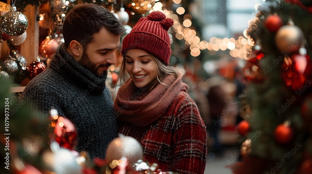Couple Browsing Sparkling Christmas Ornaments at Festive Holiday Pop Up Store in Toronto Couple Browsing Sparkling Christmas Ornaments at Festive Holiday Pop Up Store in Toronto