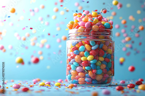 Colorful candy jar overflowing with assorted sweets and confetti celebration