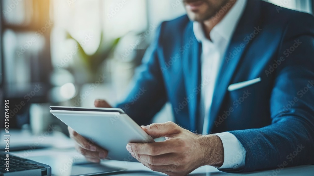 Professional Meeting Insight: Businessman Reviews Tablet During an Afternoon Office Discussion. Professional Meeting Insight: Businessman Reviews Tablet During an Afternoon Office Discussion.