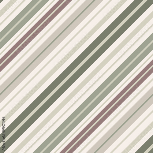 Irregular diagonal stripes neutral vector background. Seamless pattern with thick and thin beige, sage green, burgundy, ecru colours. Geometric repeat for vintage, wrapping , packaging. Symmetrical.