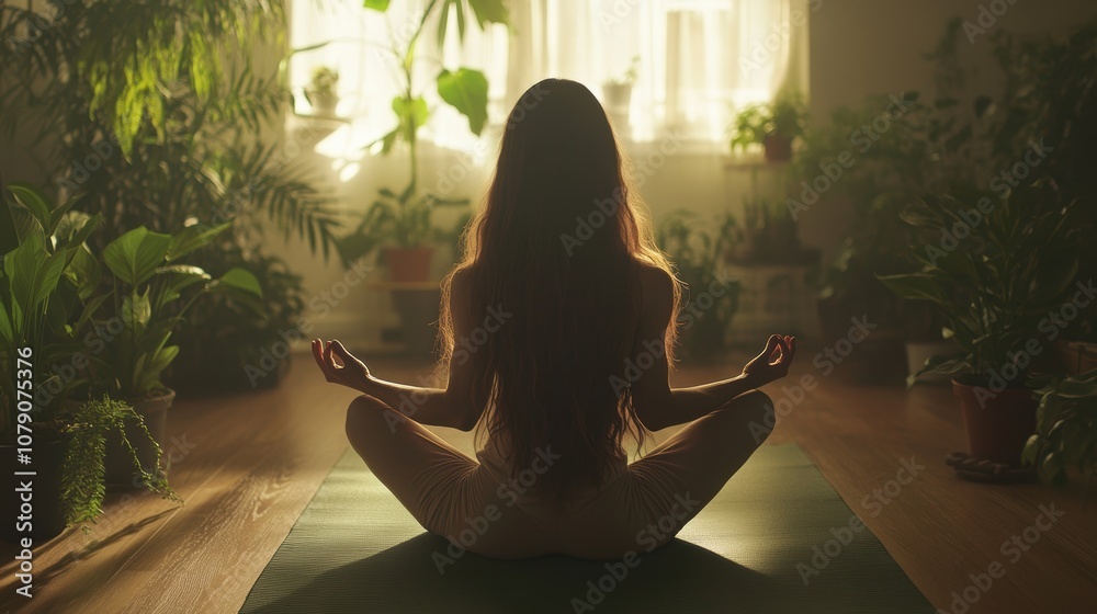 Serene and peaceful photo of a young woman with long brown hair streaming a yoga session in comfortable workout clothes, sitting cross-legged on a mat surrounded by plants in a minimalist room. Serene and peaceful photo of a young woman with long brown hair streaming a yoga session in comfortable workout clothes, sitting cross-legged on a mat surrounded by plants in a minimalist room.