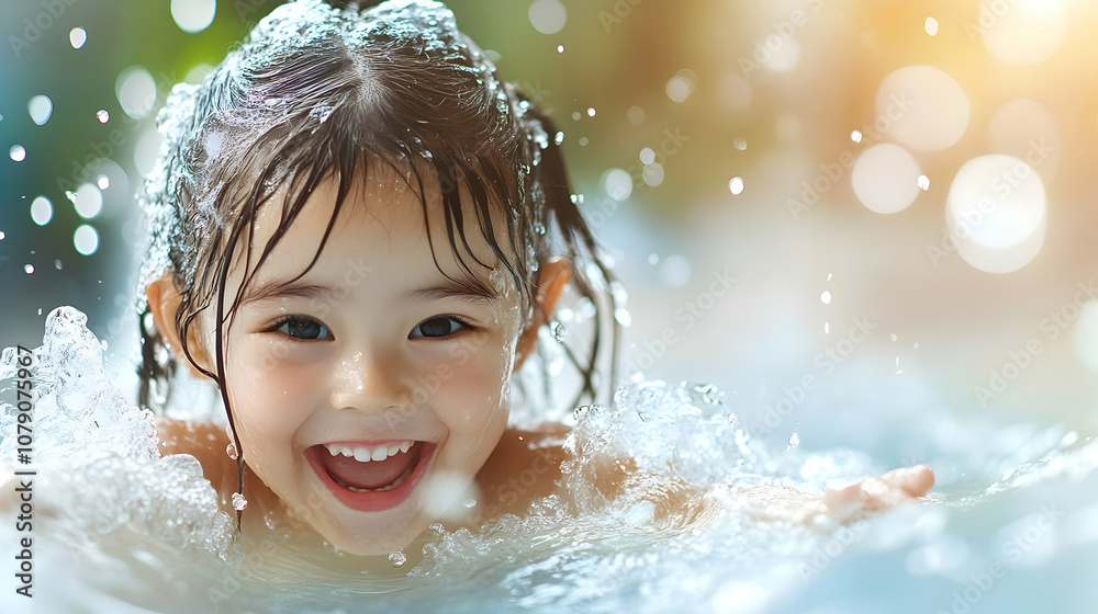 Happy young girl kid sliding down a water slide during summer holidays having fun doing outdoor activities Happy young girl kid sliding down a water slide during summer holidays having fun doing outdoor activities