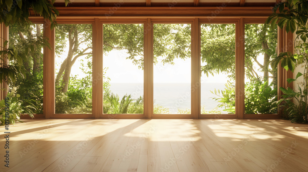 Open-Concept Room with Garden View and Wooden Floor Open-Concept Room with Garden View and Wooden Floor