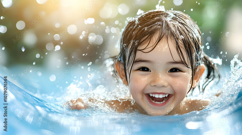 Happy young girl kid sliding down a water slide during summer holidays having fun doing outdoor activities Happy young girl kid sliding down a water slide during summer holidays having fun doing outdoor activities