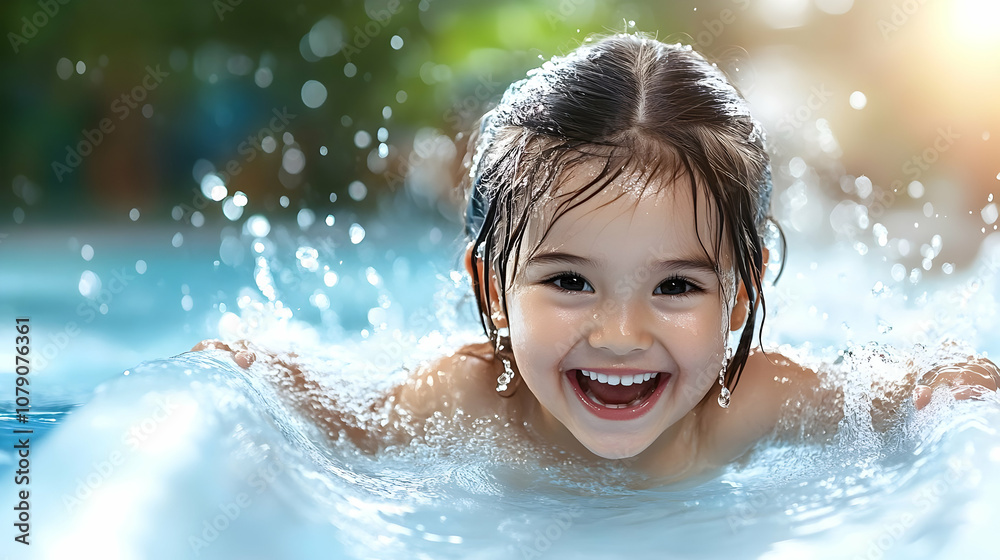 Happy young girl kid sliding down a water slide during summer holidays having fun doing outdoor activities Happy young girl kid sliding down a water slide during summer holidays having fun doing outdoor activities
