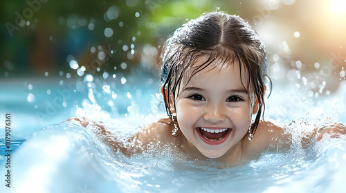 Happy young girl kid sliding down a water slide during summer holidays having fun doing outdoor activities