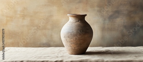 Antique clay vase elegantly displayed on a rustic table adding charm to village inspired decor vintage home accents decorative elements photo