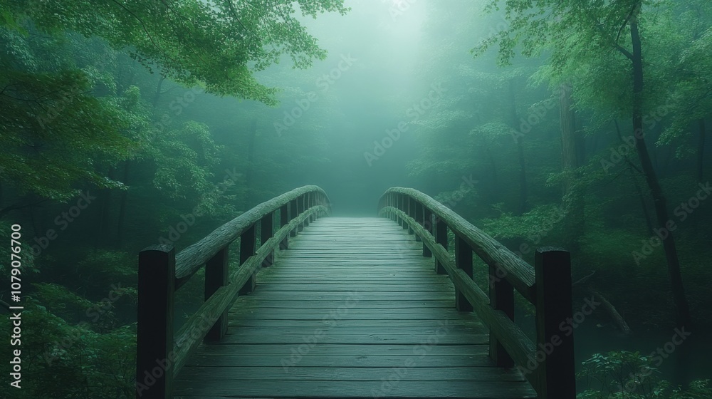 Fototapeta premium Misty wooden bridge leading into dense foggy forest