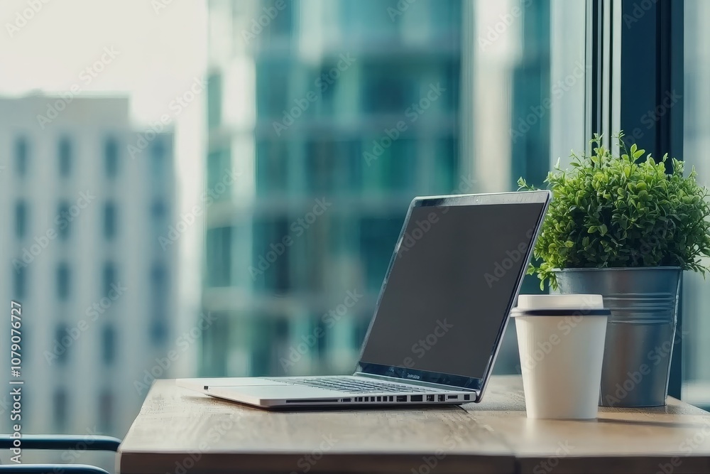 Modern Workspace with Laptop and Coffee Modern Workspace with Laptop and Coffee