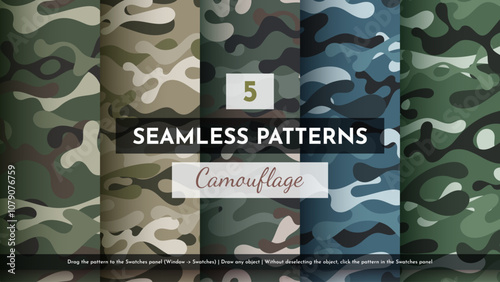 5 Seamless Camouflage Patterns. War Illustration. Traditional Military Texture. Army Background