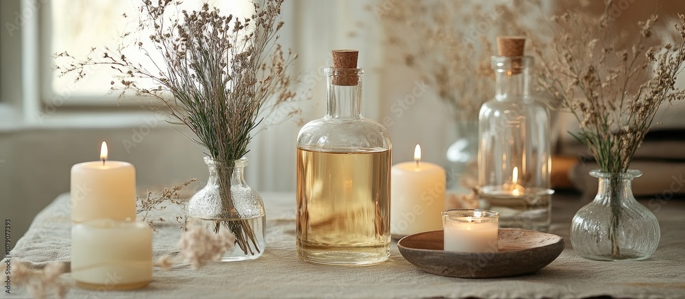 Bottles of decorative herbs arranged on a table with dried branches and scented candles enhancing interior design ambiance Bottles of decorative herbs arranged on a table with dried branches and scented candles enhancing interior design ambiance