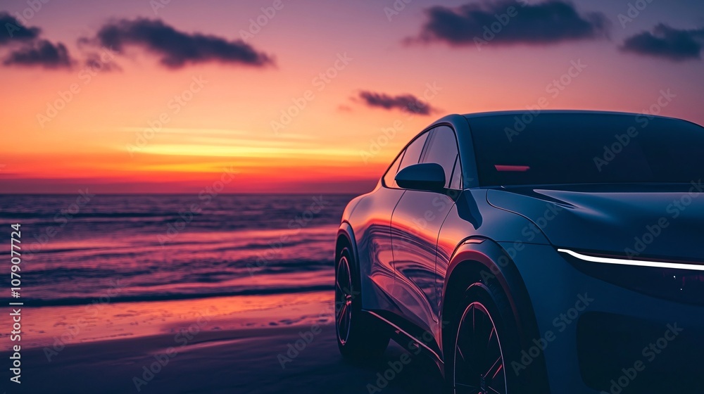 Premium Electric Car Bathed in Evening Sunlight Near Serene Oceanfront Location, Representing Modern Transportation Innovation and Environmental Consciousness in Luxury Segment Premium Electric Car Bathed in Evening Sunlight Near Serene Oceanfront Location, Representing Modern Transportation Innovation and Environmental Consciousness in Luxury Segment