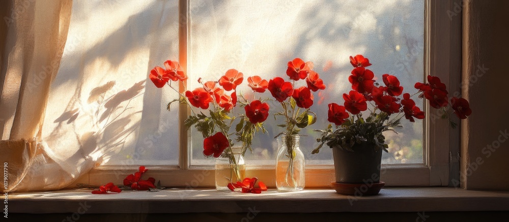 Blooming red flowers gracefully arranged on a sunlit windowsill adding color and charm to indoor decor Blooming red flowers gracefully arranged on a sunlit windowsill adding color and charm to indoor decor