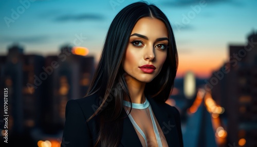 Captivating Portrait of a Young Woman in a Cityscape at Dusk