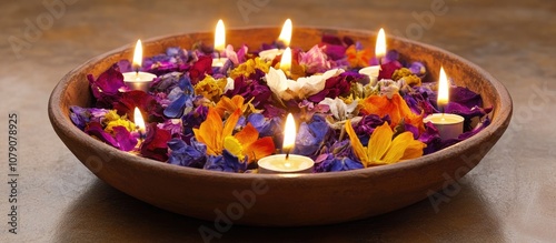 Aromatic potpourri of colorful dried flowers in a decorative bowl with flickering candles creating a cozy indoor atmosphere
