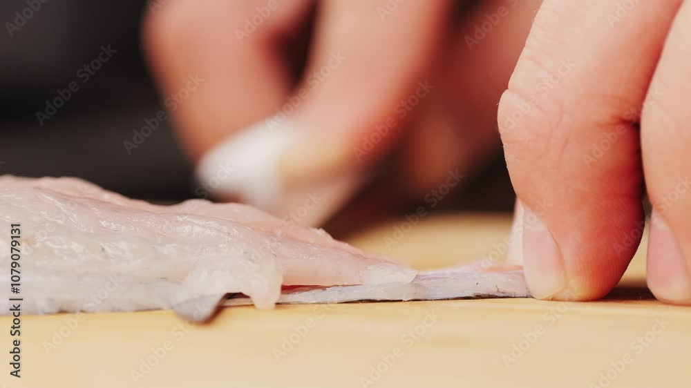Cooking fish Peruvian ceviche close-up. Fresh cooked ceviche made of raw white fish. Traditional Peruvian cuisine. Cooking seafood dish. Cooking fish Peruvian ceviche close-up. Fresh cooked ceviche made of raw white fish. Traditional Peruvian cuisine. Cooking seafood dish.