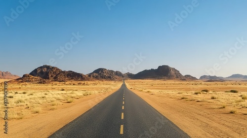 A wide, straight road leads into the distance in an African desert landscape under a clear blue sky. 