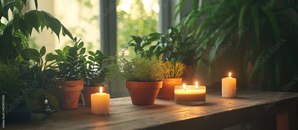 Aroma oil diffuser with flickering candles and lush houseplants on a rustic wooden table perfect for creating a calming ambiance Aroma oil diffuser with flickering candles and lush houseplants on a rustic wooden table perfect for creating a calming ambiance