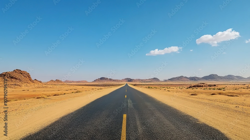 A wide, straight road leads into the distance in an African desert landscape under a clear blue sky.
A wide, straight road leads into the distance in an African desert landscape under a clear blue sky.