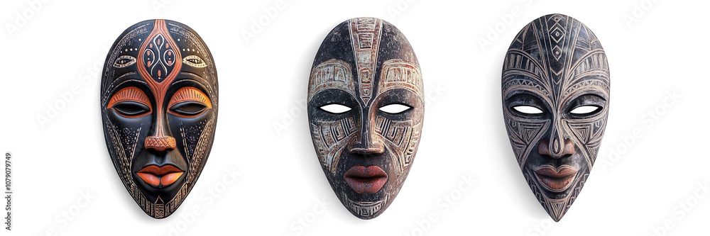Traditional African Tribal Mask with Intricate Carvings on a Transparent Background Traditional African Tribal Mask with Intricate Carvings on a Transparent Background