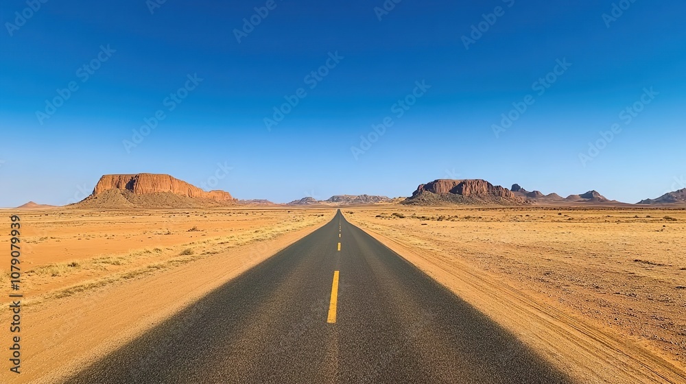 A wide, straight road leads into the distance in an African desert landscape under a clear blue sky.
A wide, straight road leads into the distance in an African desert landscape under a clear blue sky.