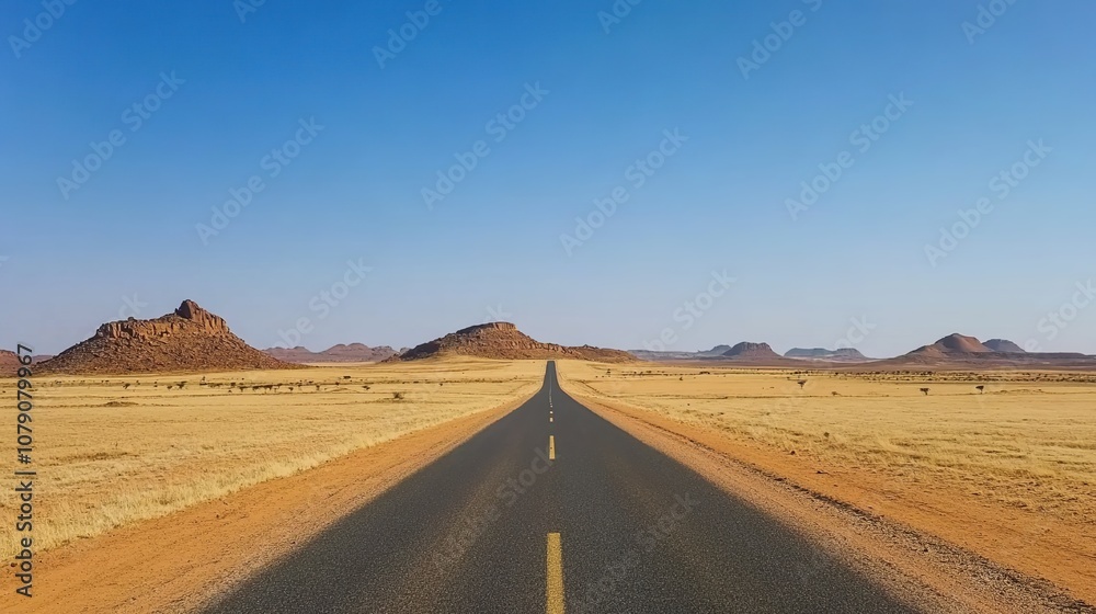 A wide, straight road leads into the distance in an African desert landscape under a clear blue sky.
A wide, straight road leads into the distance in an African desert landscape under a clear blue sky.
