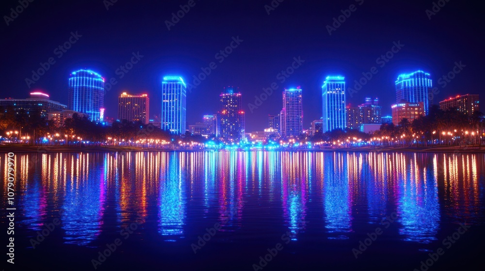 Night cityscape with illuminated skyscrapers reflected in water. Night cityscape with illuminated skyscrapers reflected in water.