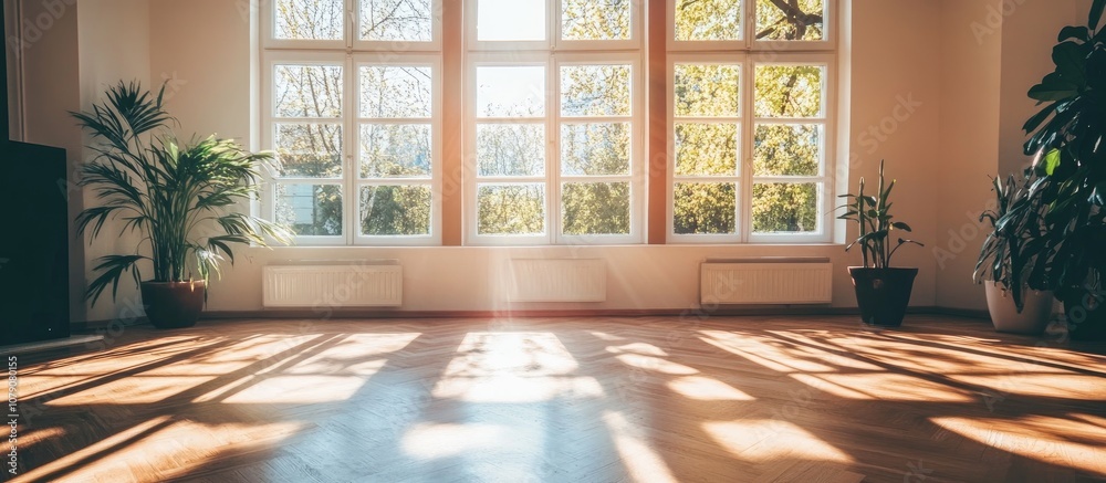 Brightly lit room featuring large windows and polished wooden flooring ideal for interior design inspiration Brightly lit room featuring large windows and polished wooden flooring ideal for interior design inspiration