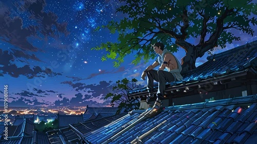 a man on the roof of a house is looking at the sky during a starry night, in anime style. seamless looping 4k video background animation