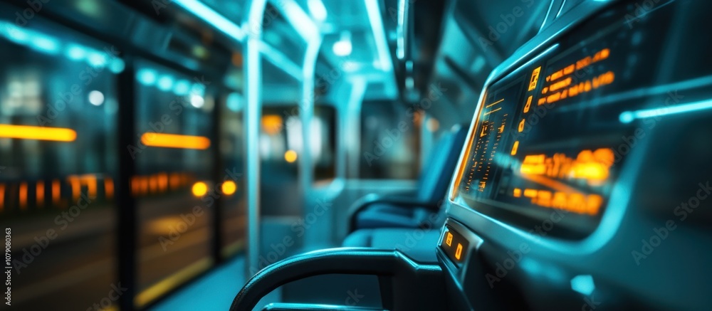 Close up of modern bus interior with glowing digital display and empty seats.