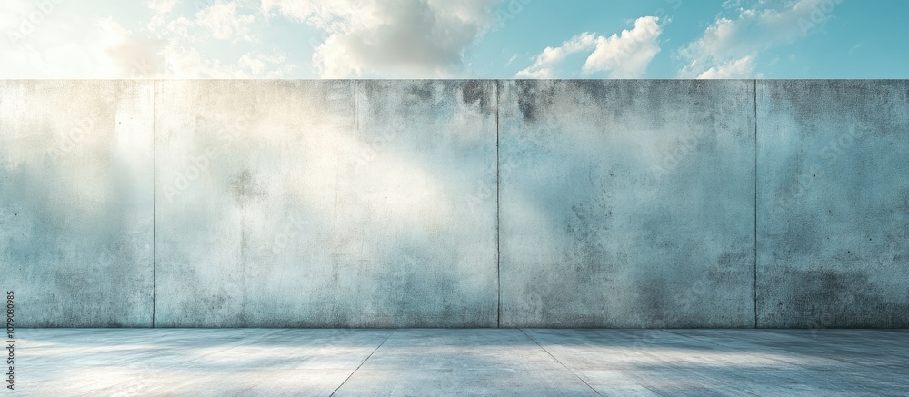 Abstract concrete interior featuring a textured grunge wall illuminated by soft sunlight filtering through a blue sky Abstract concrete interior featuring a textured grunge wall illuminated by soft sunlight filtering through a blue sky