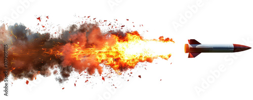 Rocket blasting off with intense flames and smoke trail. Cut out or PNG.