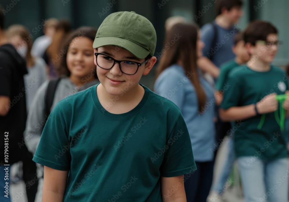 Obraz premium Boy wearing green cap and shirt standing in a crowd